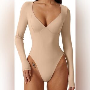Long Sleeve Nude Bodysuit with V-Neck